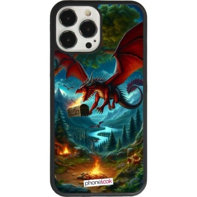 Coque iPhone 13 Pro Max - Silicone rigide noir Dragon Volant Forêt Trésor