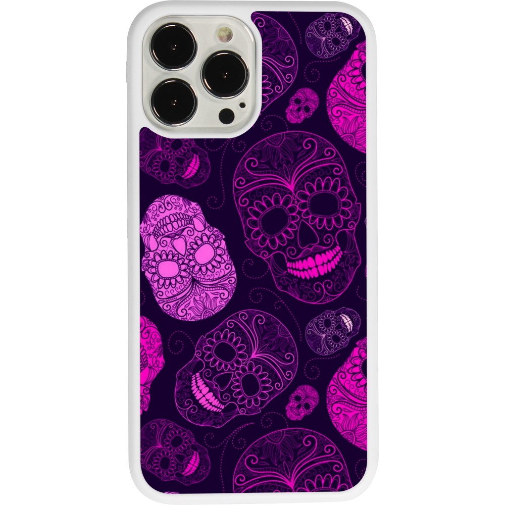 Coque iPhone 13 Pro Max - Silicone rigide blanc Halloween 2023 pink skulls