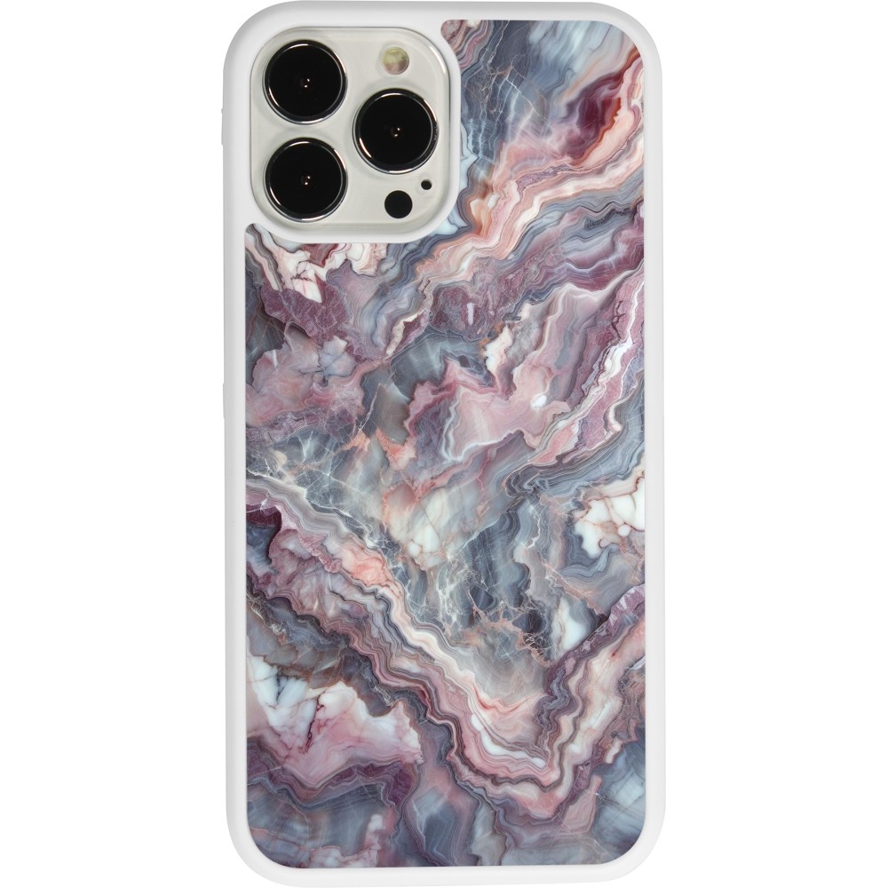 Coque iPhone 13 Pro Max - Silicone rigide blanc Marbre violette argentée