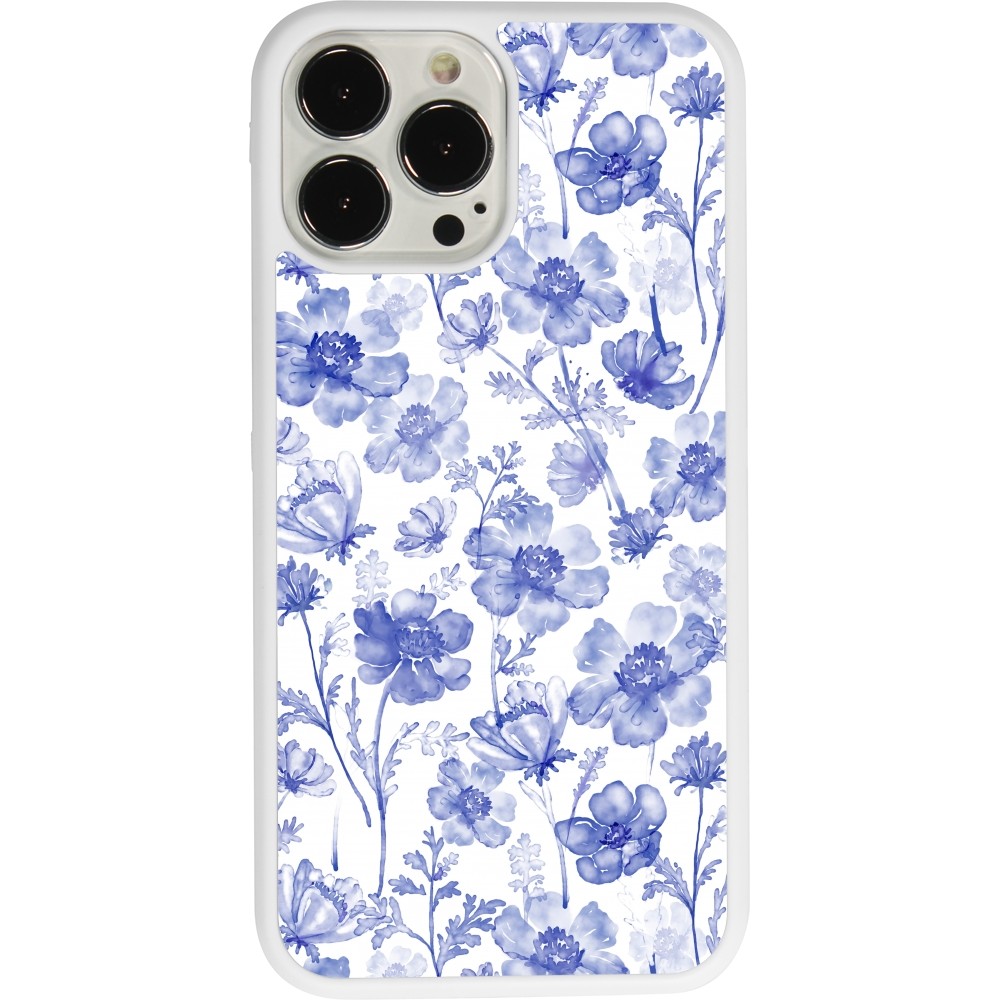 Coque iPhone 13 Pro Max - Silicone rigide blanc Spring 23 watercolor blue flowers