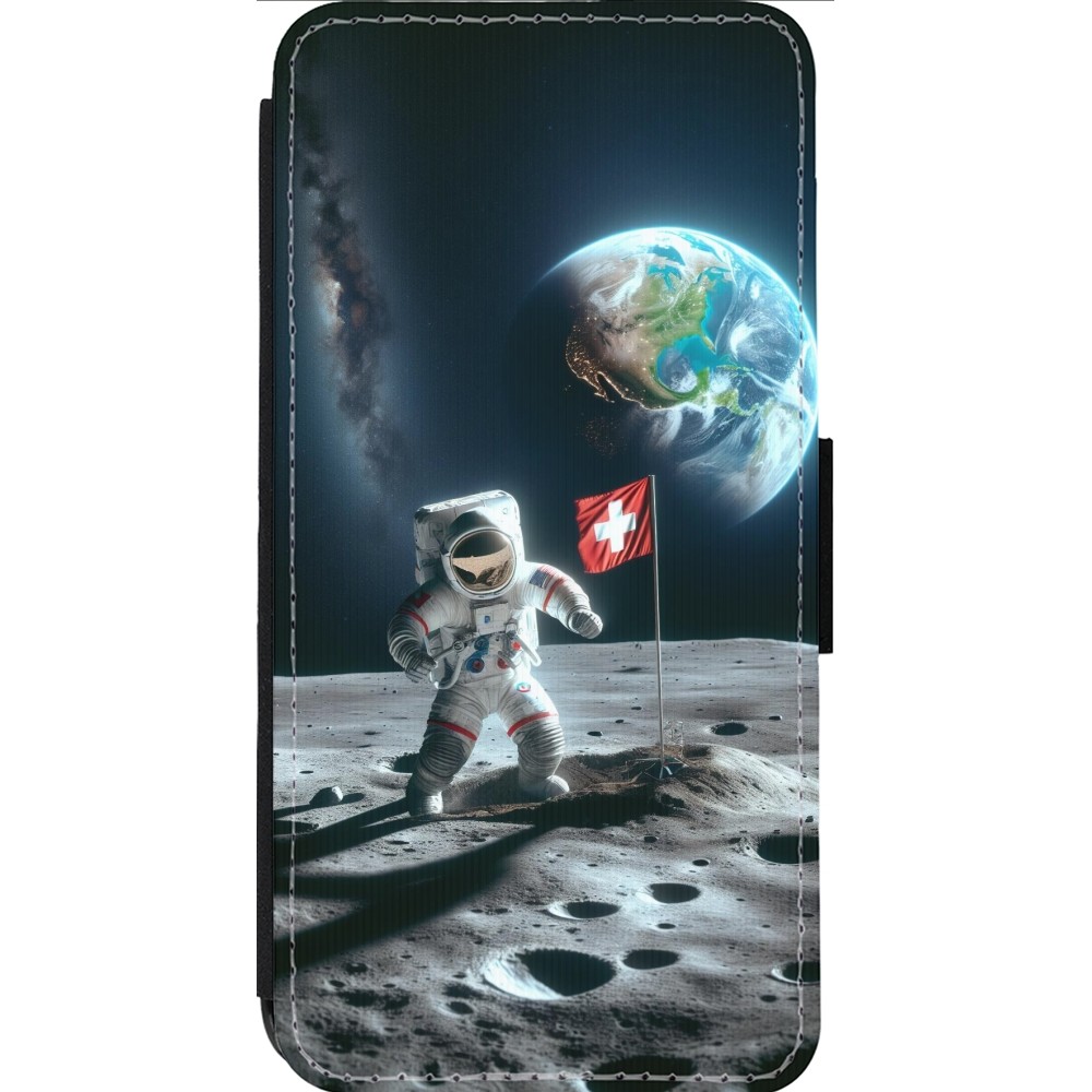 Coque iPhone 13 Pro Max - Wallet noir Astro Suisse sur lune