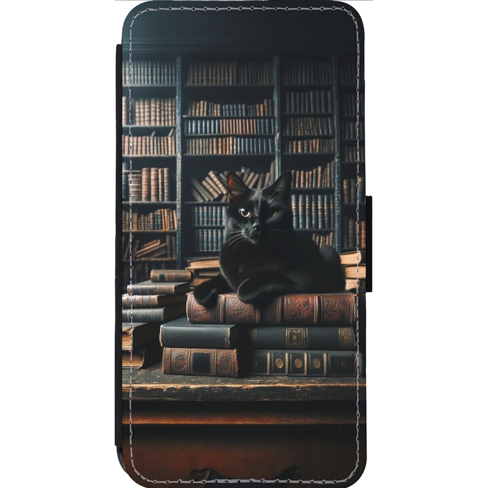 Coque iPhone 13 Pro Max - Wallet noir Chat livres sombres