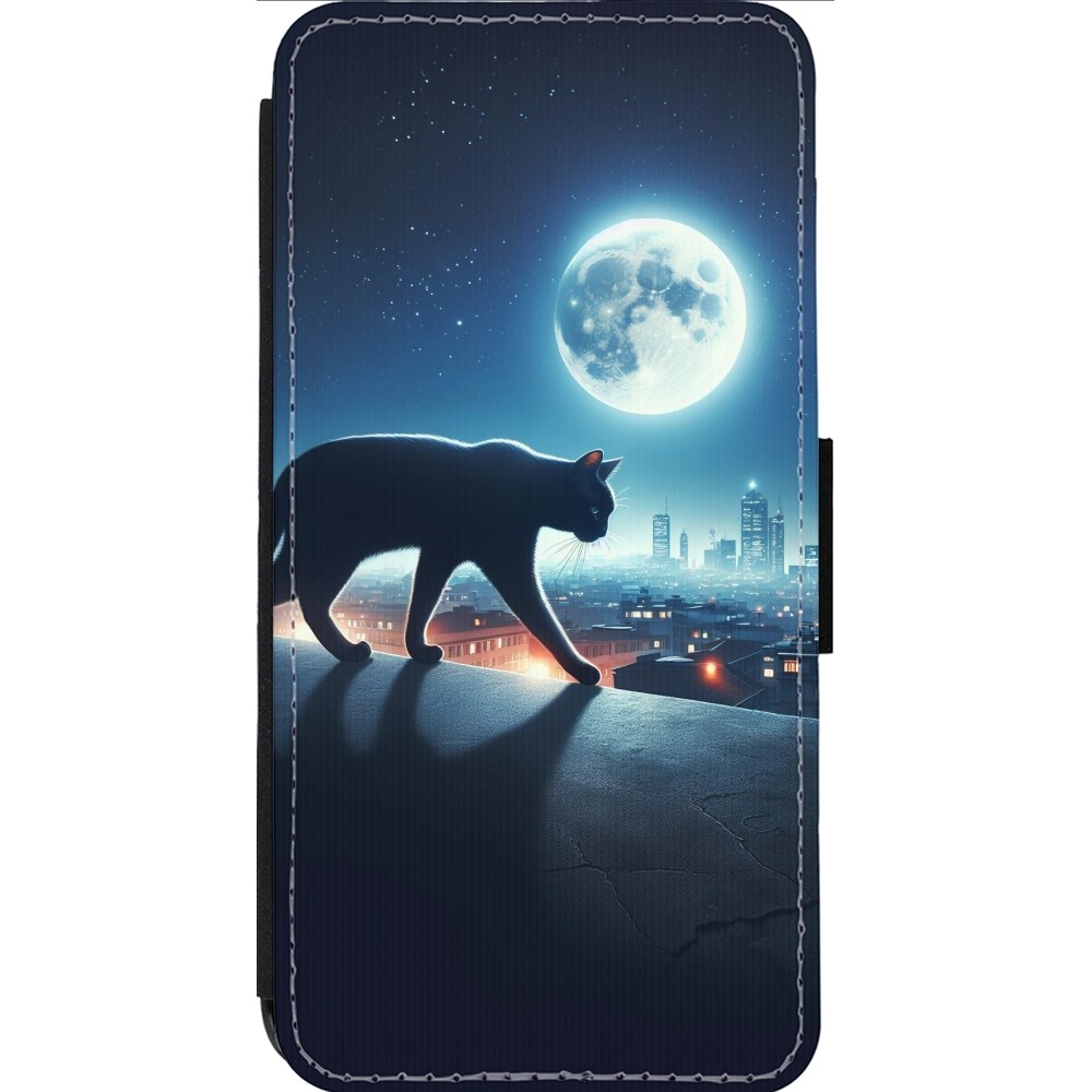 Coque iPhone 13 Pro Max - Wallet noir Chat noir sous la pleine lune