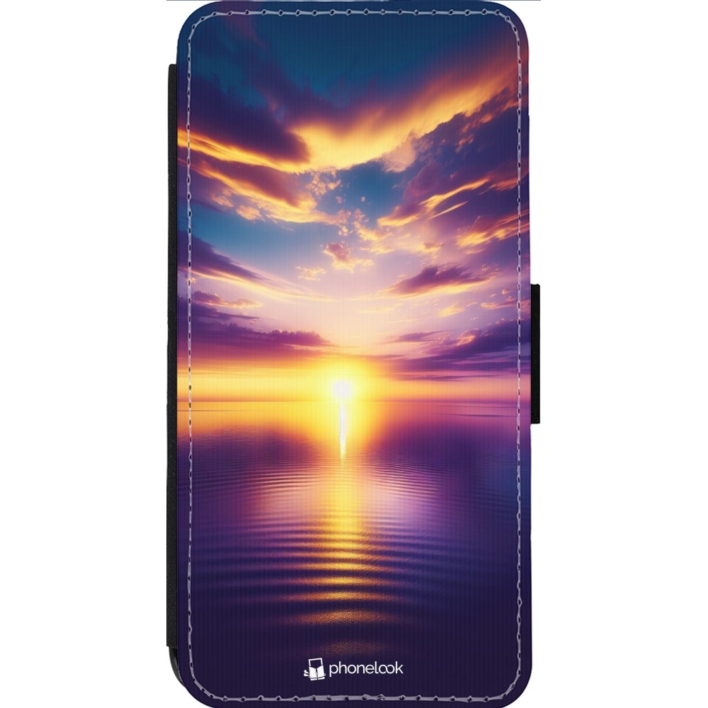 Coque iPhone 13 Pro Max - Wallet noir Coucher soleil jaune violet