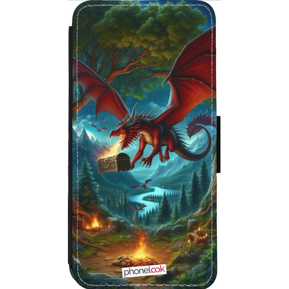 Coque iPhone 13 Pro Max - Wallet noir Dragon Volant Forêt Trésor