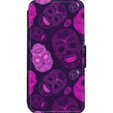 Coque iPhone 13 Pro Max - Wallet noir Halloween 2023 pink skulls