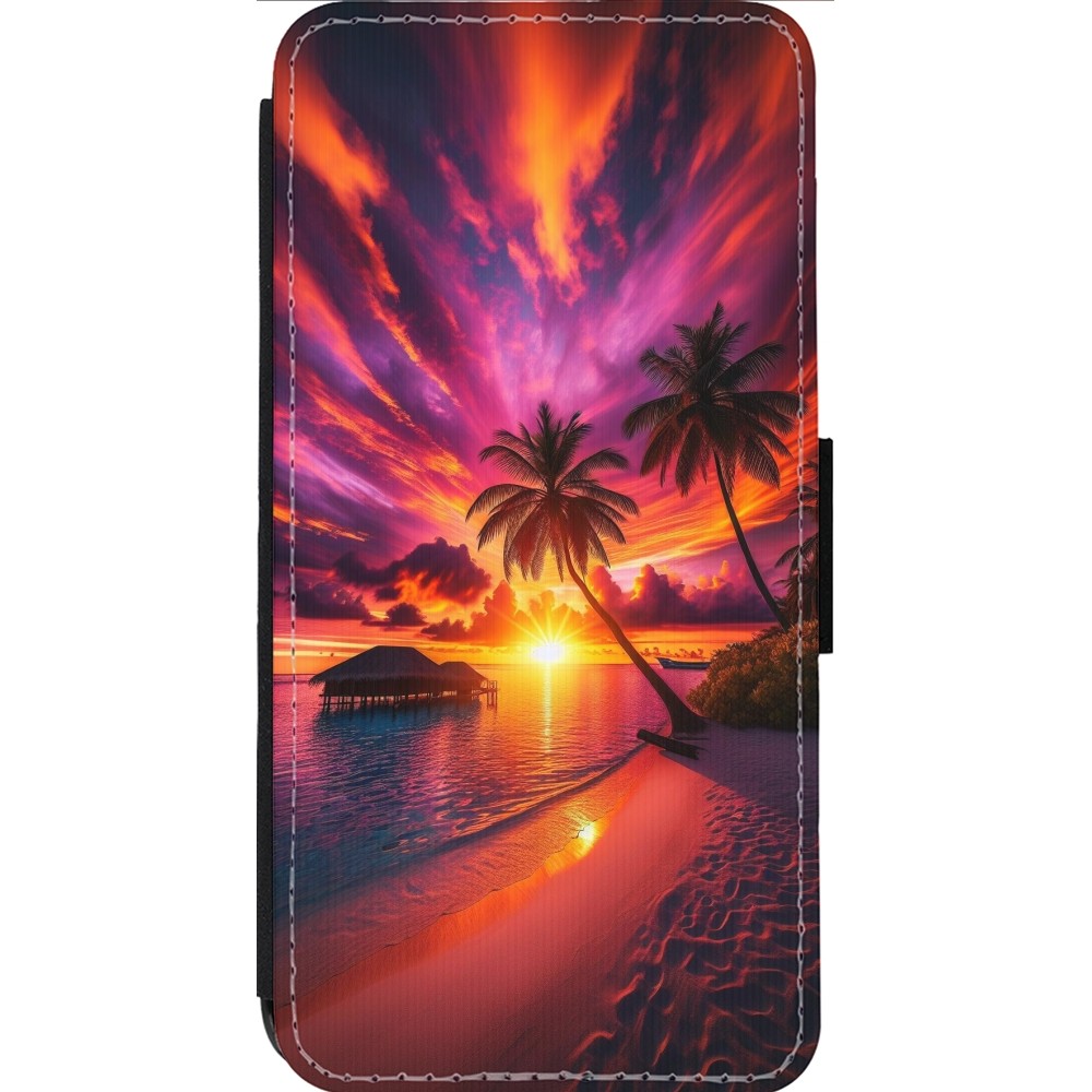 Coque iPhone 13 Pro Max - Wallet noir Maldives Dusk Bliss