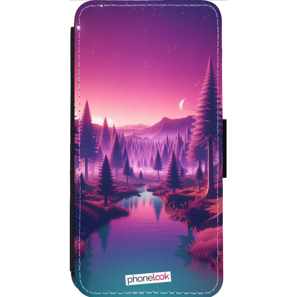 Coque iPhone 13 Pro Max - Wallet noir Paysage Violet-Rose