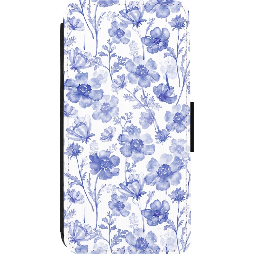 Coque iPhone 13 Pro Max - Wallet noir Spring 23 watercolor blue flowers