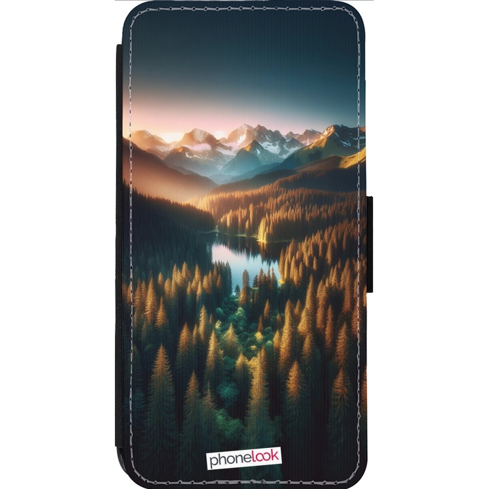 Coque iPhone 13 Pro Max - Wallet noir Sunset Forest Lake