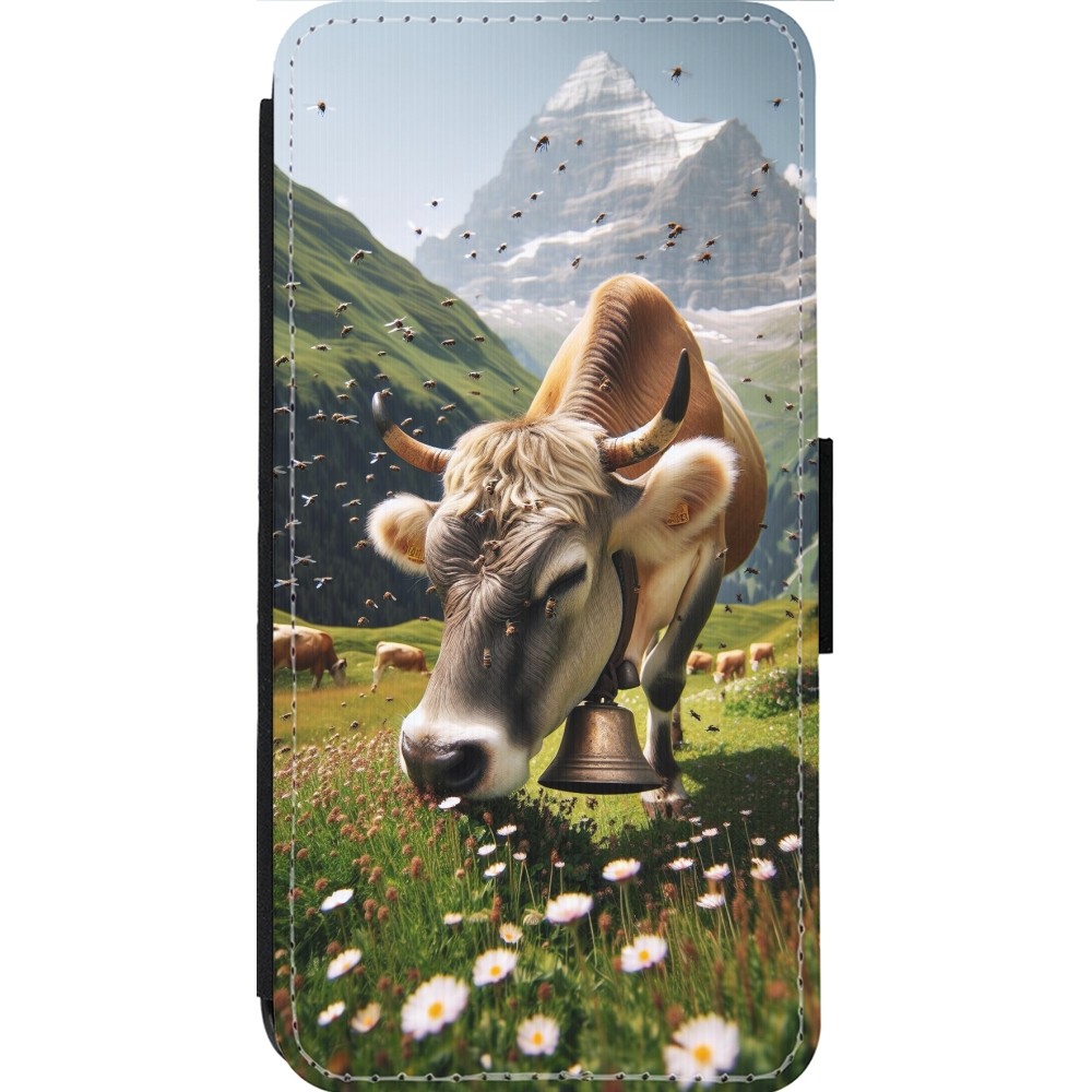 Coque iPhone 13 Pro Max - Wallet noir Vache montagne Valais