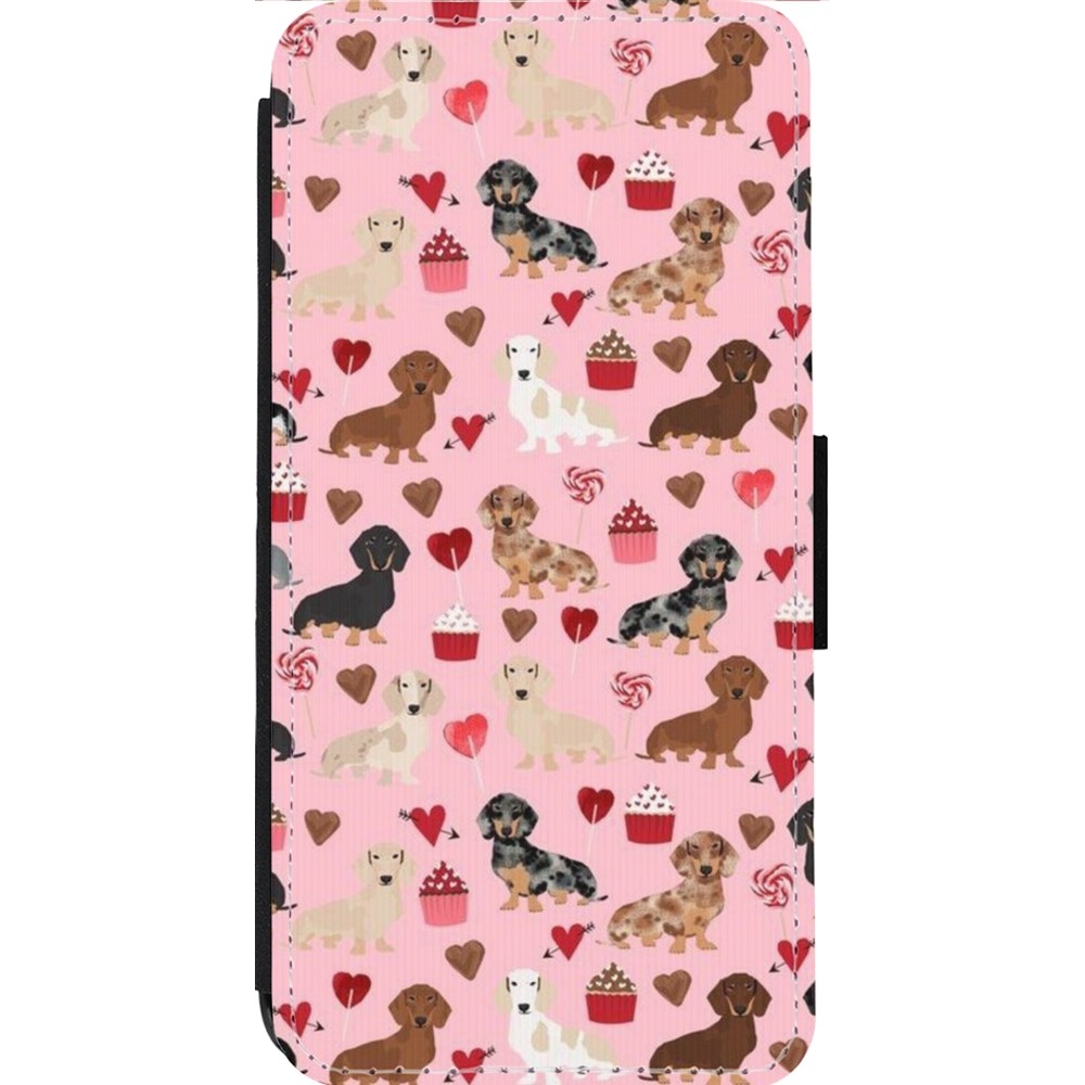 Coque iPhone 13 Pro Max - Wallet noir Valentine 2024 puppy love