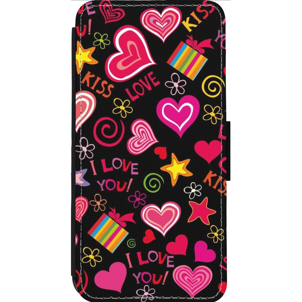 Coque iPhone 13 Pro Max - Wallet noir Valentine 2023 love symbols