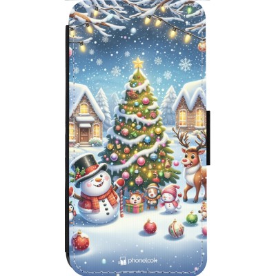 Coque iPhone 13 Pro Max - Wallet noir Noël 2023 bonhomme de neige et sapin