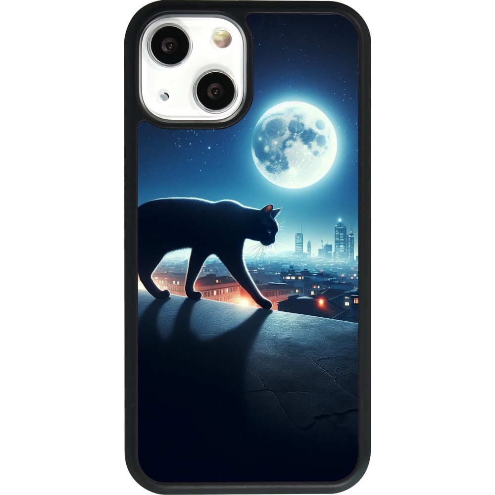 Coque iPhone 13 mini - Silicone rigide noir Chat noir sous la pleine lune