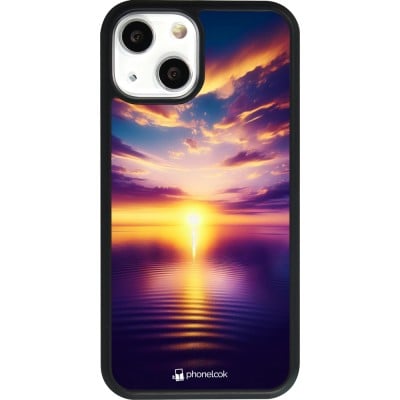 Coque iPhone 13 mini - Silicone rigide noir Coucher soleil jaune violet