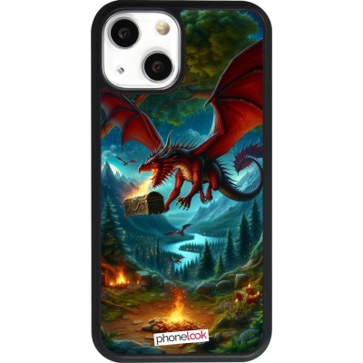 Coque iPhone 13 mini - Silicone rigide noir Dragon Volant Forêt Trésor