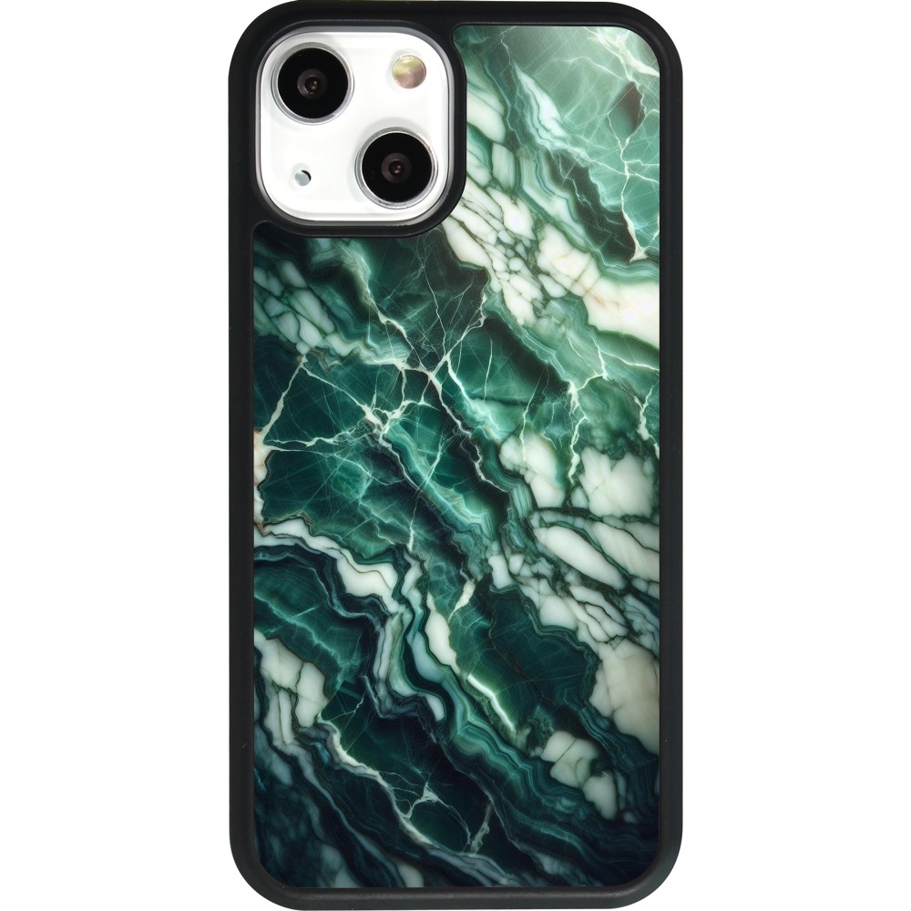 Coque iPhone 13 mini - Silicone rigide noir Marbre vert majestueux