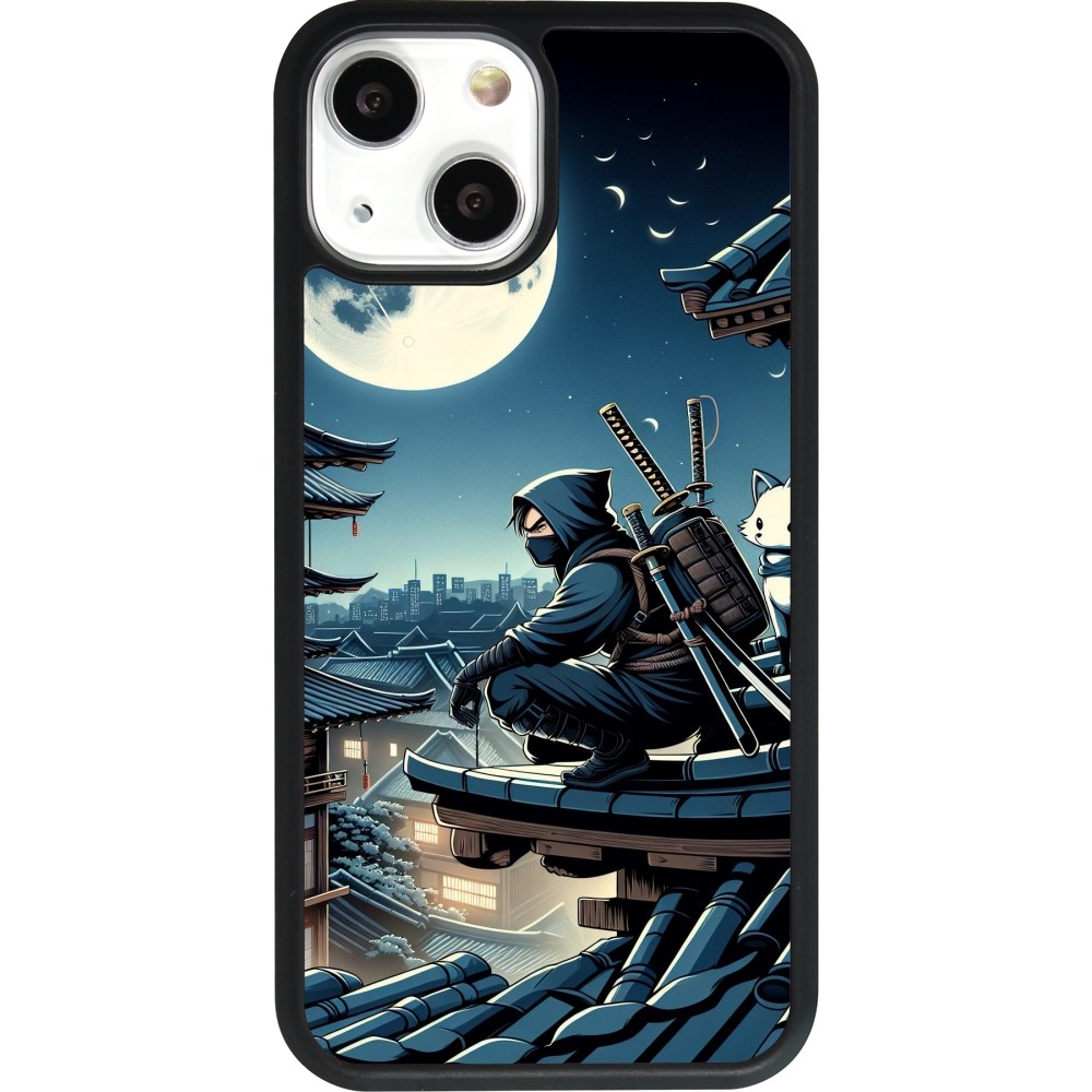 Coque iPhone 13 mini - Silicone rigide noir Ninja sous la lune