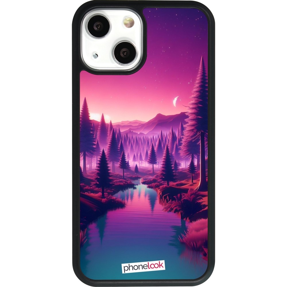 Coque iPhone 13 mini - Silicone rigide noir Paysage Violet-Rose