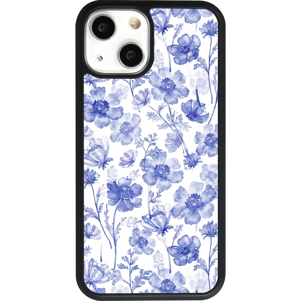 Coque iPhone 13 mini - Silicone rigide noir Spring 23 watercolor blue flowers