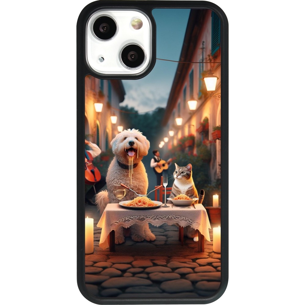 Coque iPhone 13 mini - Silicone rigide noir Valentine 2024 Dog & Cat Candlelight