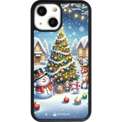 Coque iPhone 13 mini - Silicone rigide noir Noël 2023 bonhomme de neige et sapin