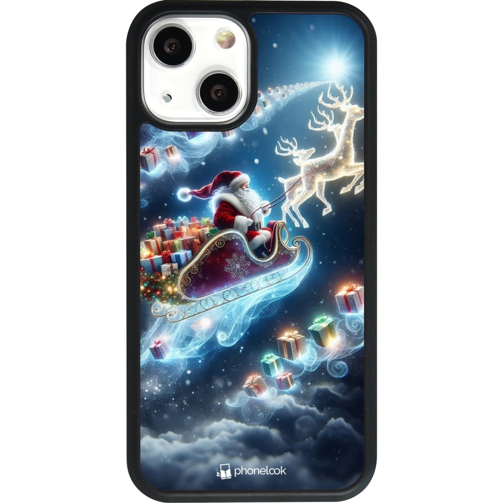 Coque iPhone 13 mini - Silicone rigide noir Noël 2023 Père Noël enchanté