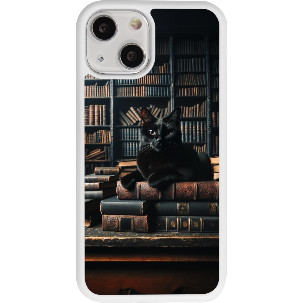 Coque iPhone 13 mini - Silicone rigide blanc Chat livres sombres