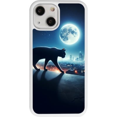 Coque iPhone 13 mini - Silicone rigide blanc Chat noir sous la pleine lune