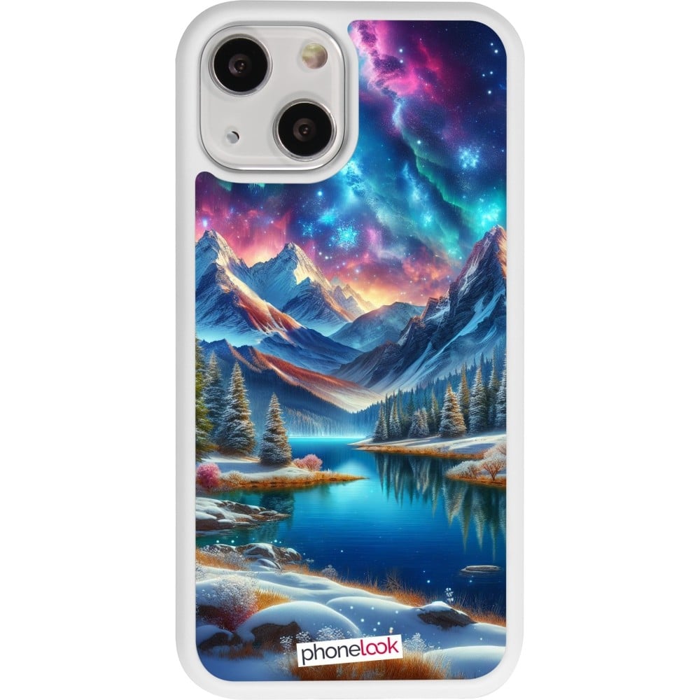 Coque iPhone 13 mini - Silicone rigide blanc Fantasy Mountain Lake Sky Stars