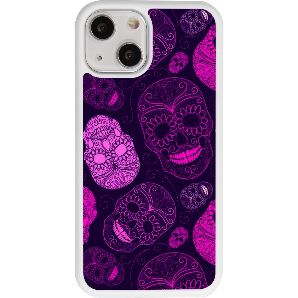 Coque iPhone 13 mini - Silicone rigide blanc Halloween 2023 pink skulls