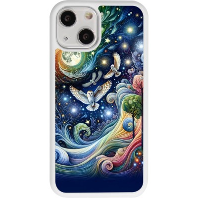 Coque iPhone 13 mini - Silicone rigide blanc hibou volant floral