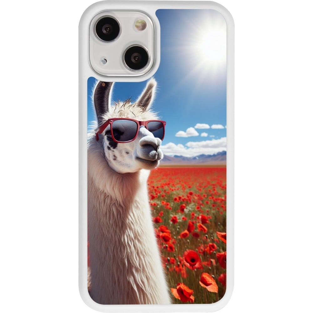 Coque iPhone 13 mini - Silicone rigide blanc Lama Chic en Coquelicot