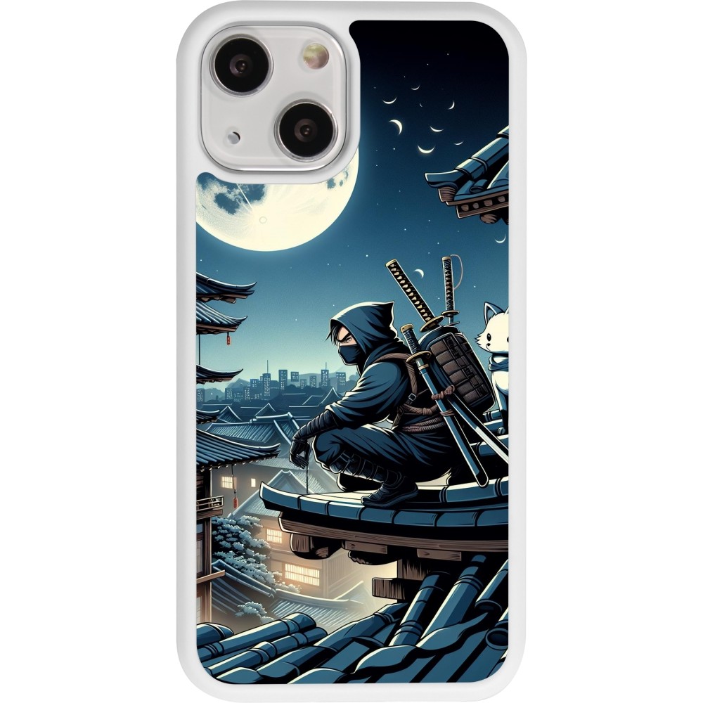 Coque iPhone 13 mini - Silicone rigide blanc Ninja sous la lune