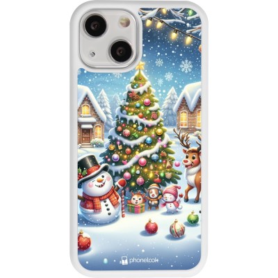 Coque iPhone 13 mini - Silicone rigide blanc Noël 2023 bonhomme de neige et sapin