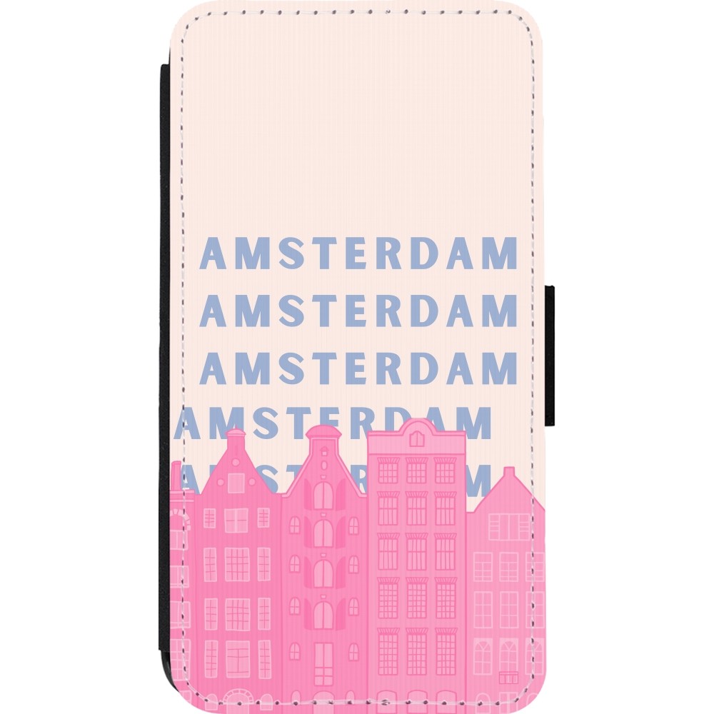 Coque iPhone 13 mini - Wallet noir Amsterdam Pink Print