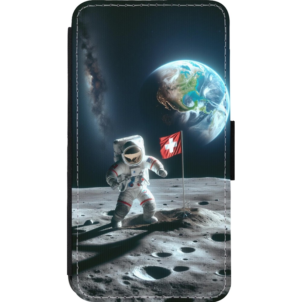 Coque iPhone 13 mini - Wallet noir Astro Suisse sur lune