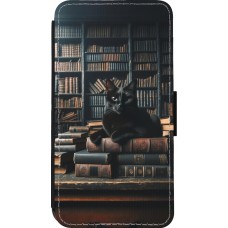 Coque iPhone 13 mini - Wallet noir Chat livres sombres