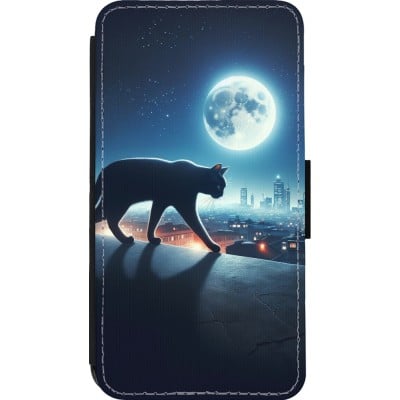 Coque iPhone 13 mini - Wallet noir Chat noir sous la pleine lune