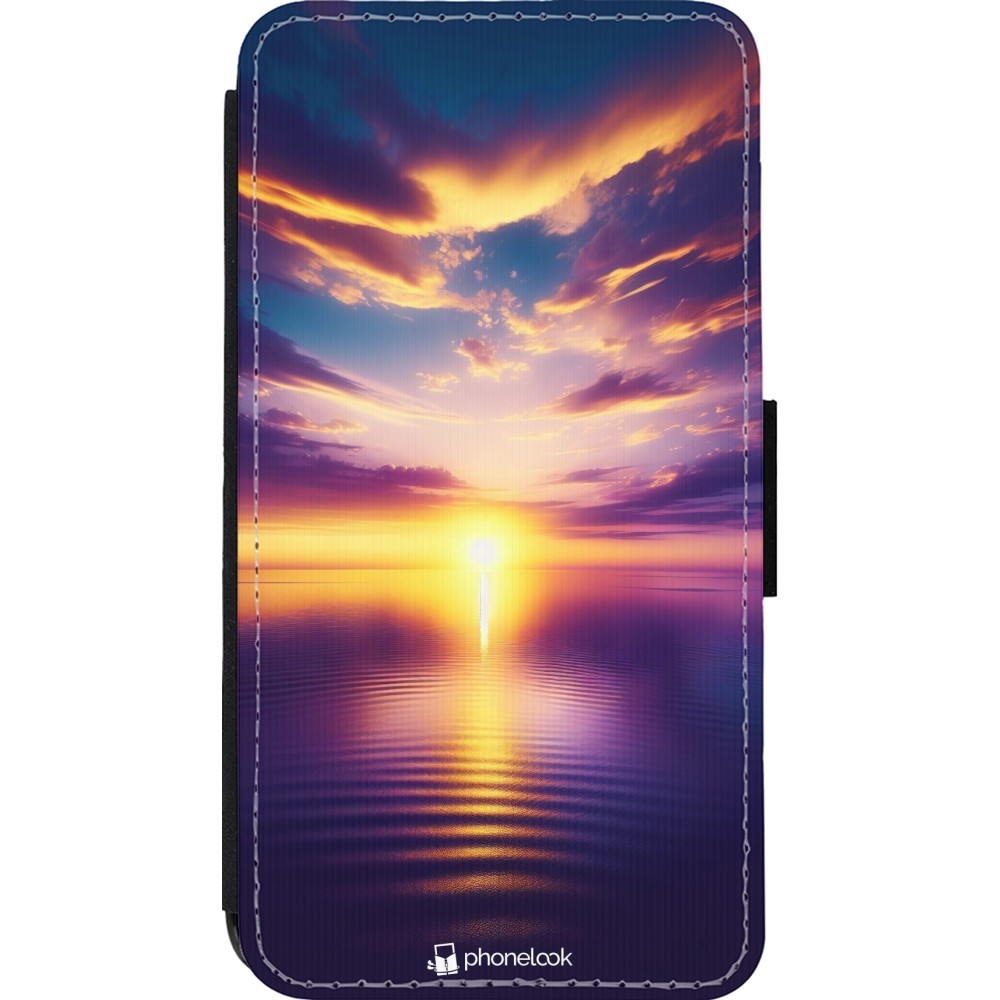 Coque iPhone 13 mini - Wallet noir Coucher soleil jaune violet