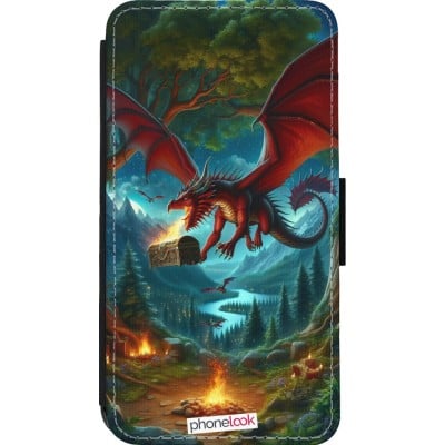 Coque iPhone 13 mini - Wallet noir Dragon Volant Forêt Trésor