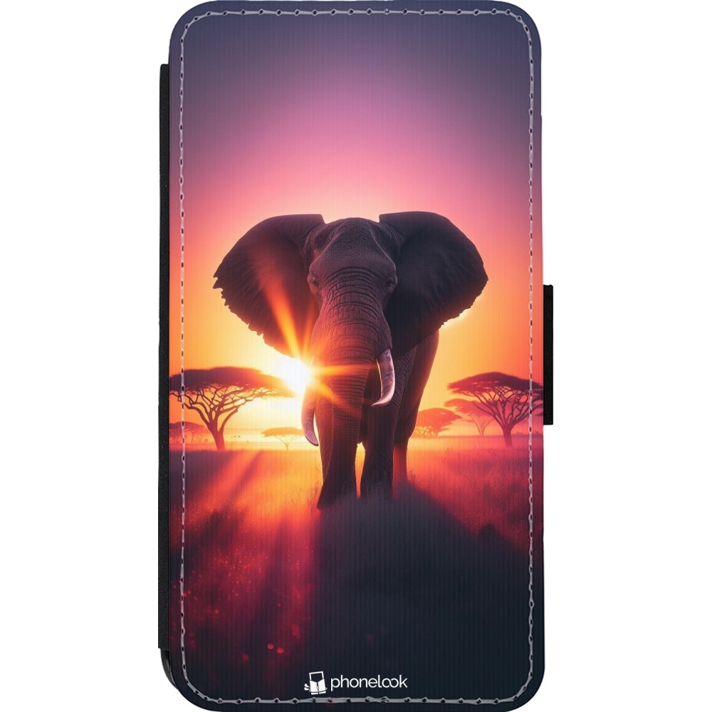 Coque iPhone 13 mini - Wallet noir Elephant Sunrise Beauty