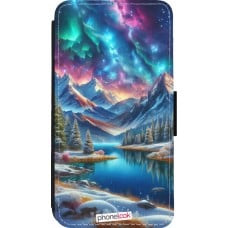 iPhone 13 mini Case Hülle - Wallet schwarz Fantasiebergsee Himmel Sterne