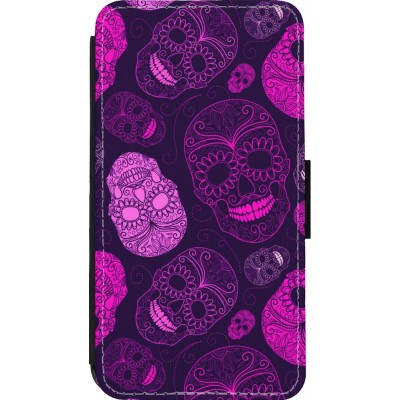 Coque iPhone 13 mini - Wallet noir Halloween 2023 pink skulls