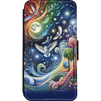 Coque iPhone 13 mini - Wallet noir hibou volant floral