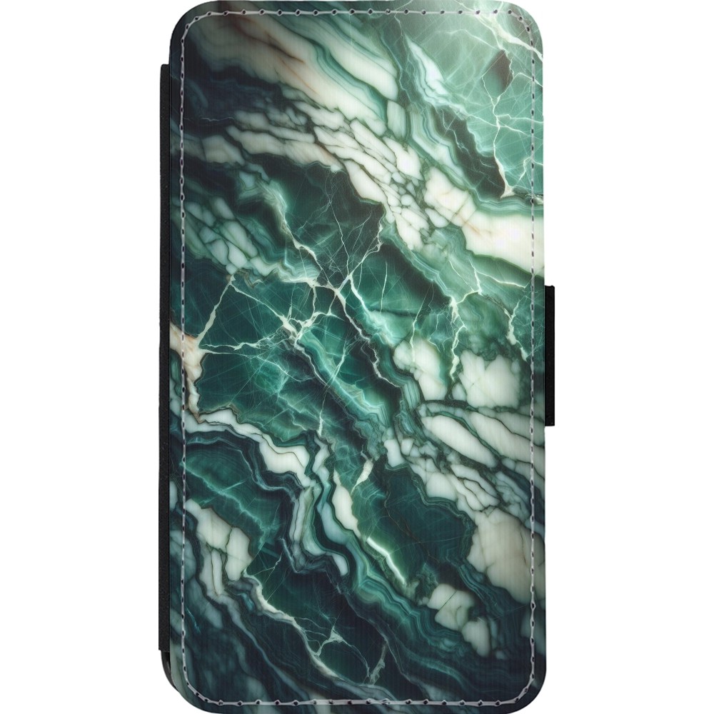 Coque iPhone 13 mini - Wallet noir Marbre vert majestueux