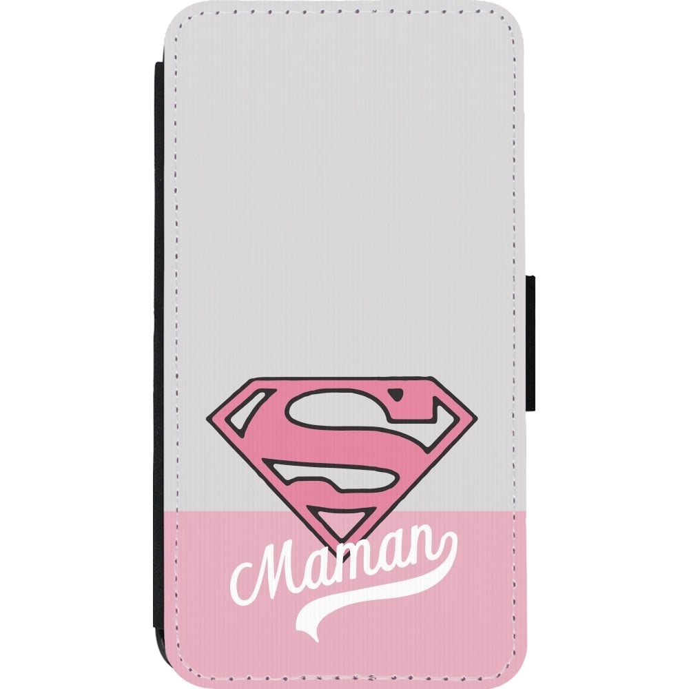 Coque iPhone 13 mini - Wallet noir Mom 2024 Super hero maman