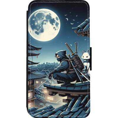 Coque iPhone 13 mini - Wallet noir Ninja sous la lune