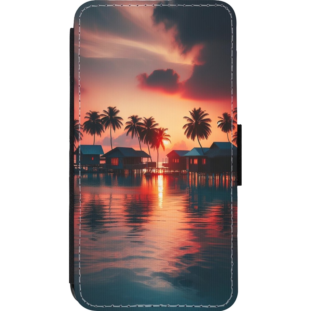 Coque iPhone 13 mini - Wallet noir Paradis Maldives